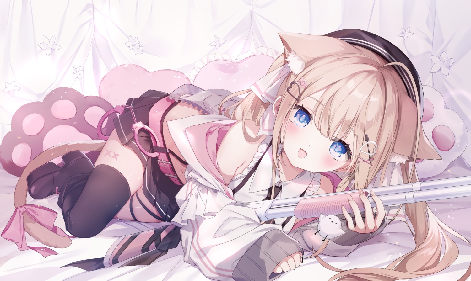 animal_ears, emia_(castilla), garter, gun, indie_virtual_youtuber, nekomimi, tail, tattoo