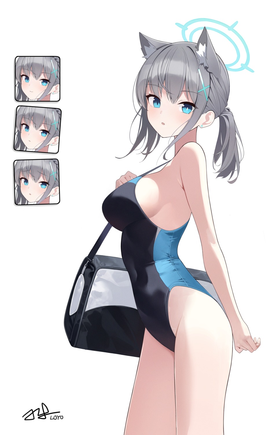 animal_ears, blue_archive, danyo_(chung0226), expression, halo, nekomimi, sunaookami_shiroko, swimsuits