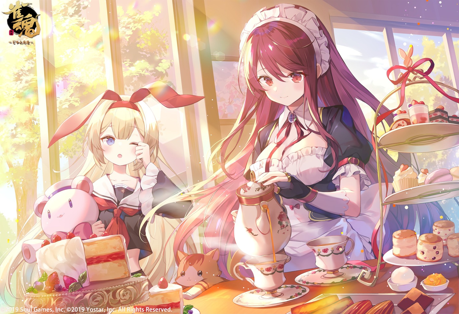 animal_ears, bunny_ears, kujou_riu, maid, majsoul, mikami_chiori, neko, nimoshi, seifuku
