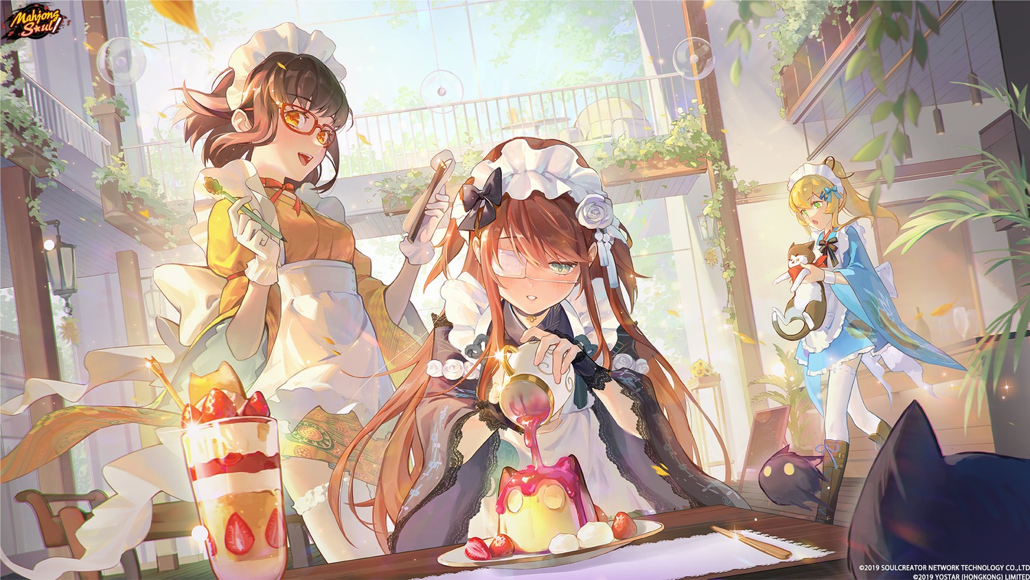 eyepatch, maid, majsoul, megane, neko, ninomiya_hana, shinomiya_fuyumi, shiraishi_nana_(majsoul)