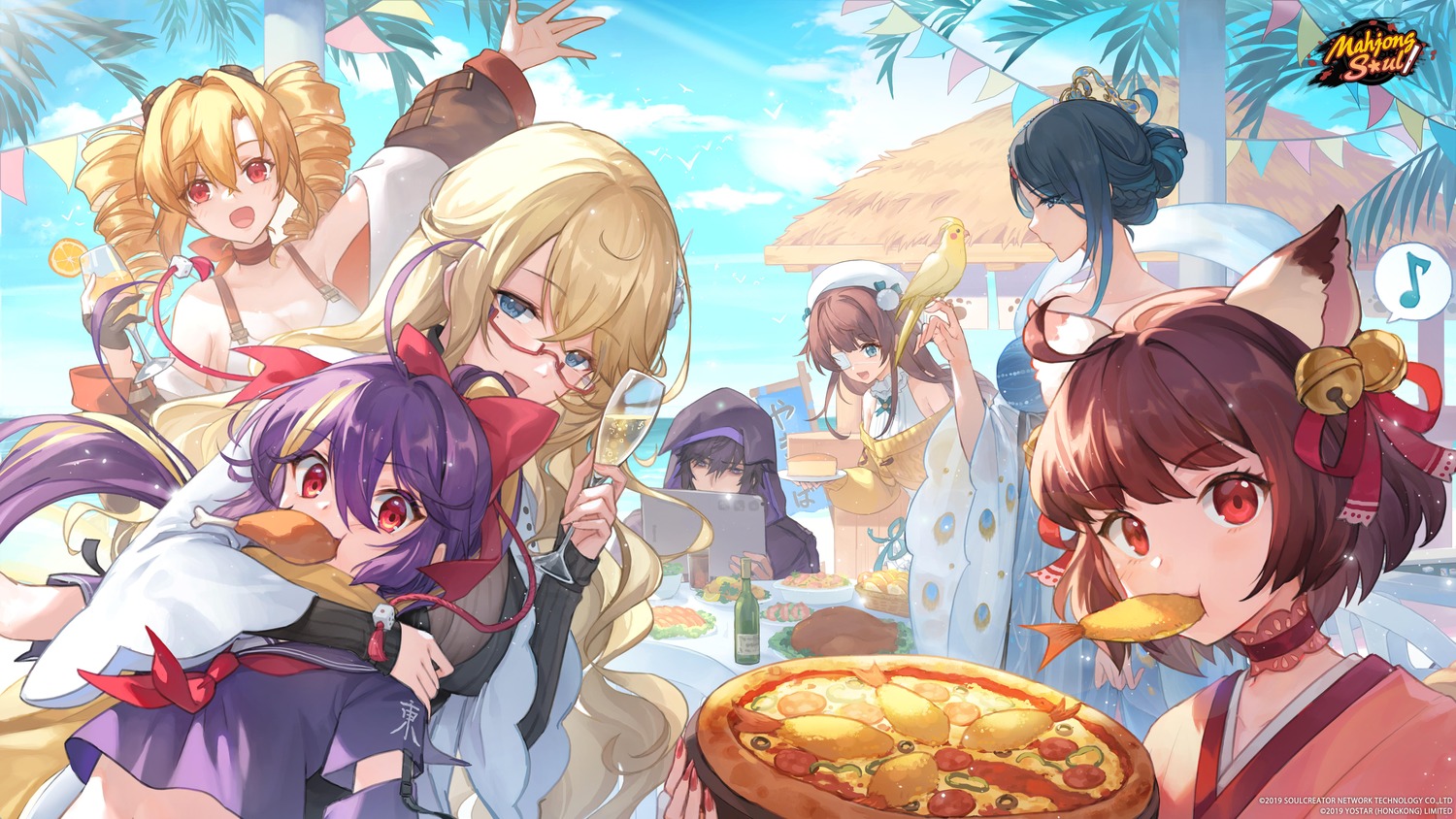 animal_ears, cleavage, dress, eyepatch, ichihime_(majsoul), japanese_clothes, kisaragi_ayane, ling_(majsoul)