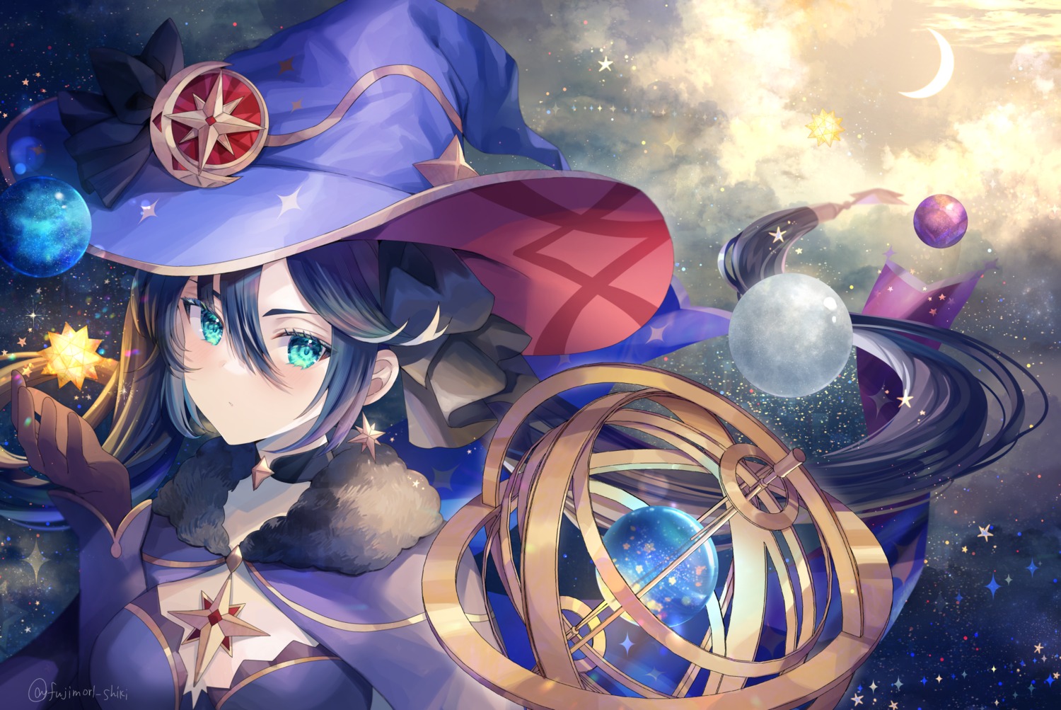 fujimori_shiki, genshin_impact, mona_megistus, witch