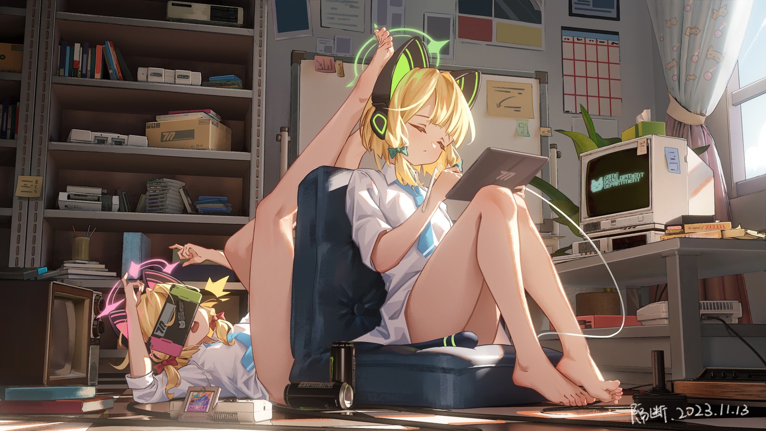animal_ears, blue_archive, geduan, halo, headphones, nekomimi, saiba_midori, saiba_momoi, seifuku, tail, wallpaper