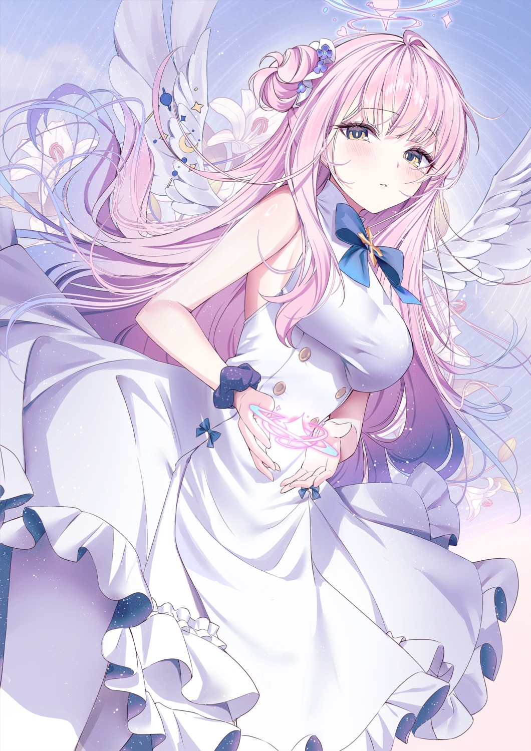 angel, blue_archive, dress, ggatip, misono_mika, pantyhose, skirt_lift, wings