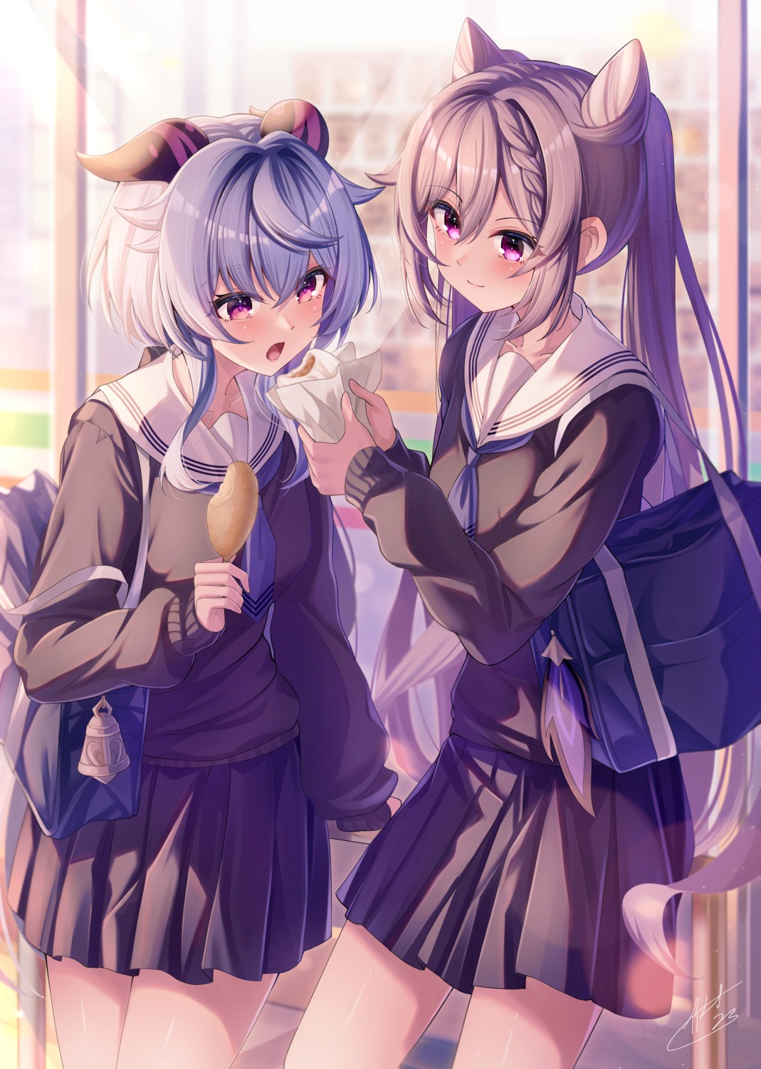 ganyu, genshin_impact, horns, keqing, seifuku, sweater, takemura_kou, yuri