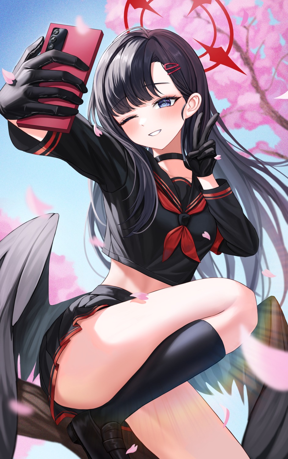angel, blue_archive, nakamasa_ichika, nyanbutter, seifuku, selfie, skirt_lift, wings