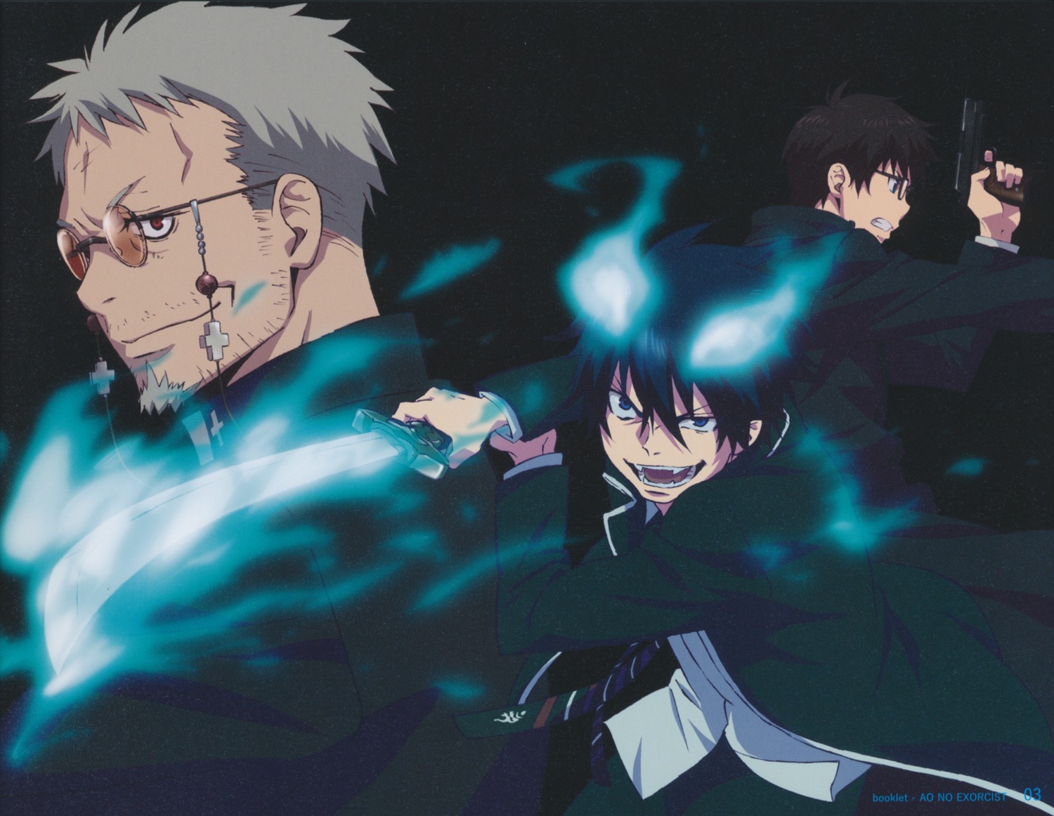 ao_no_exorcist, fujimoto_shiro, gun, male, okumura_rin, okumura_yukio, sword, tagme