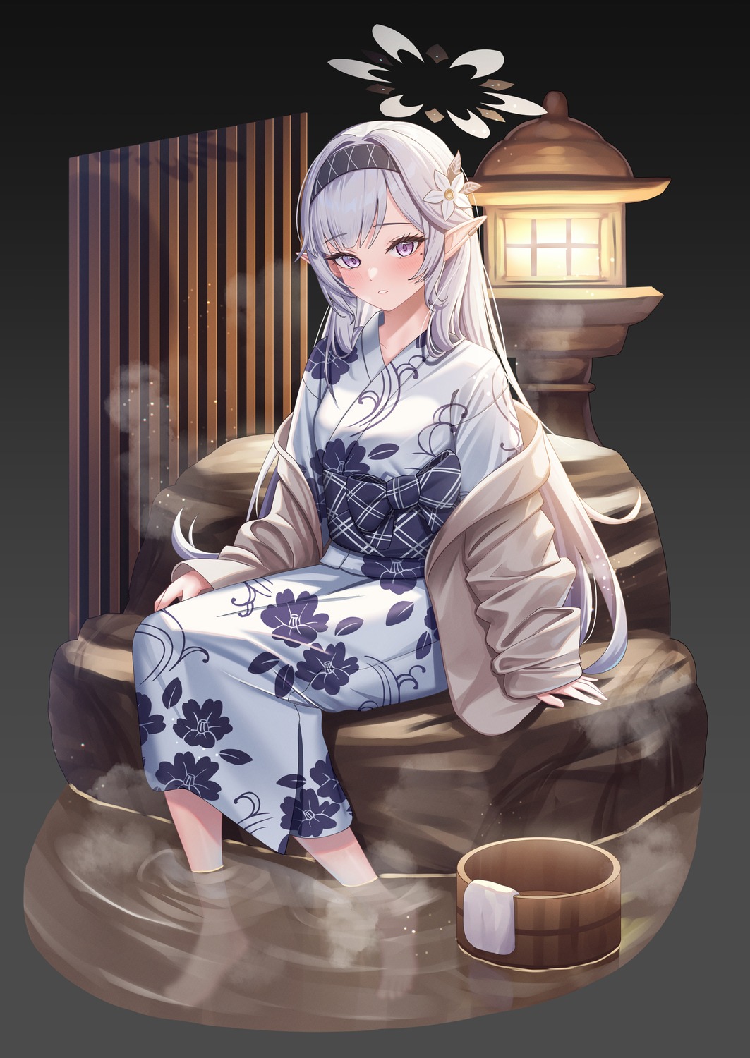 akeboshi_himari, blue_archive, halo, onsen, pointy_ears, subob, wet, yukata