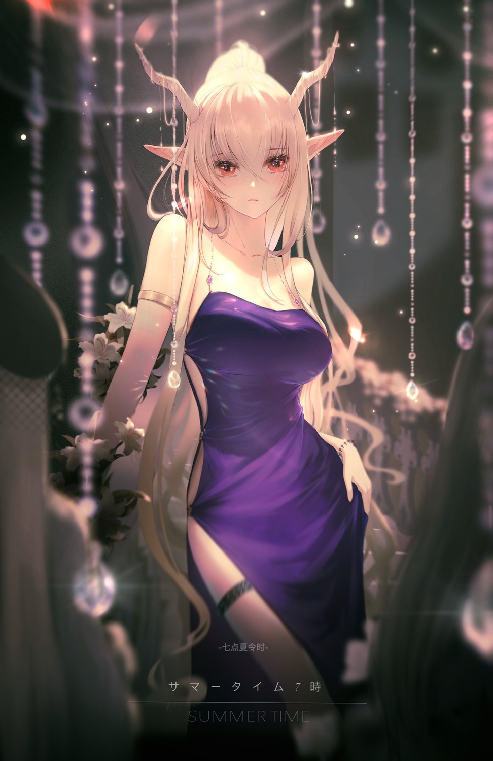 arknights, dress, horns, no_bra, pointy_ears, qidian_xialingshi, shining_(arknights), thighhighs, watermark