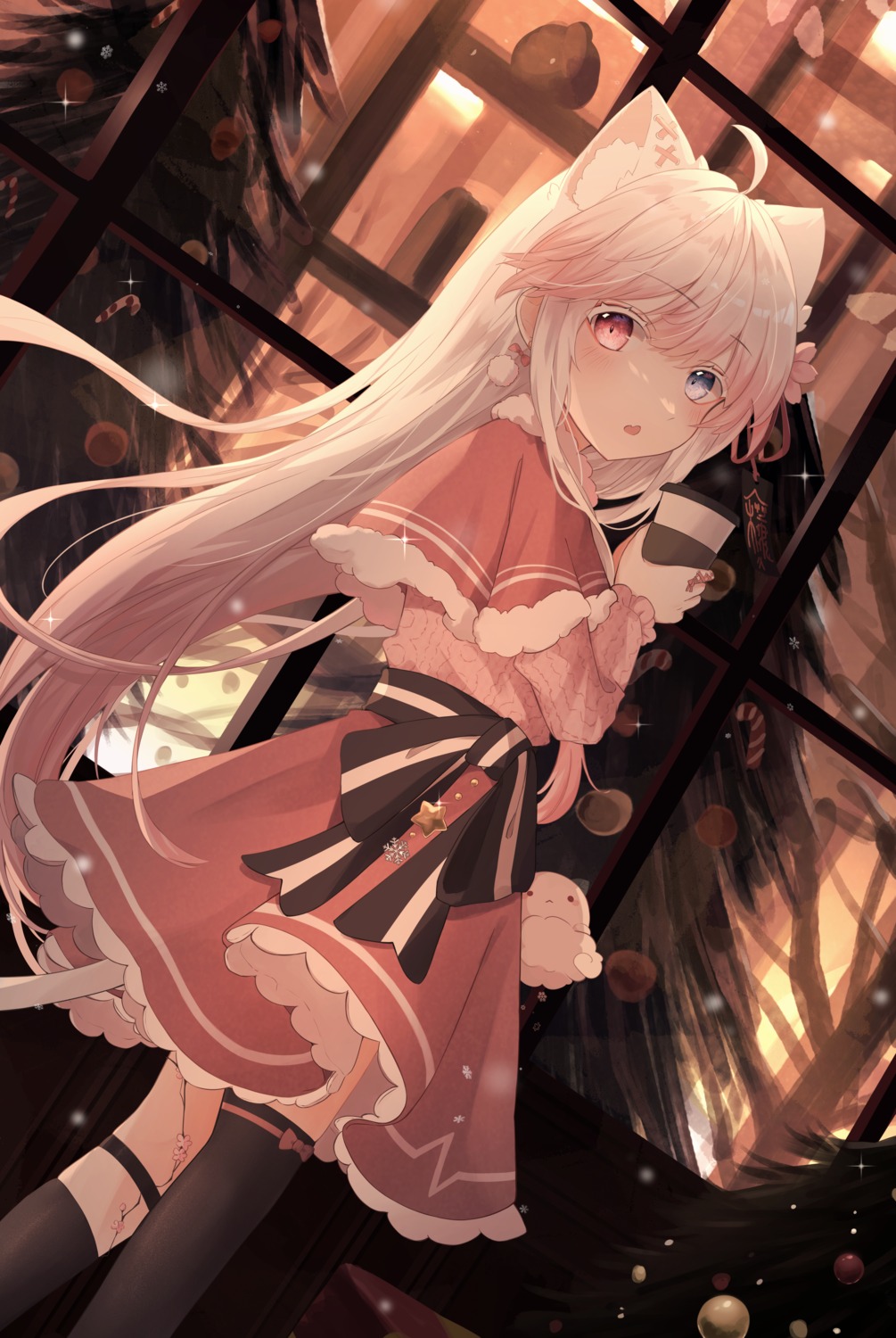 animal_ears, christmas, heterochromia, indie_virtual_youtuber, nekomimi, shinyo_yukino, shinyo_yukino_(vtuber), tail