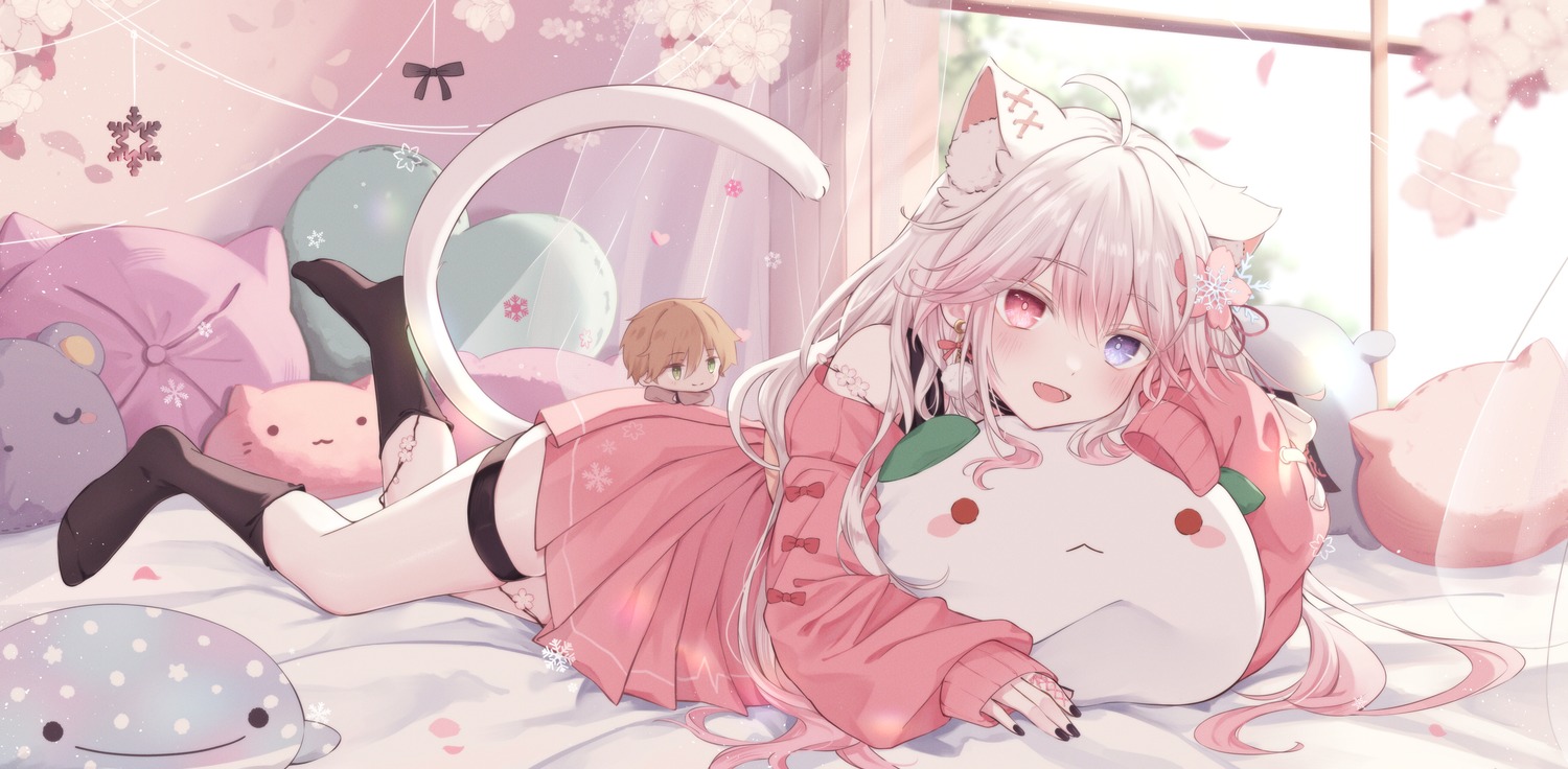 animal_ears, chibi, crossover, garter, heterochromia, indie_virtual_youtuber, kaida_haru, nekomimi, nijisanji, shinyo_yukino, shinyo_yukino_(vtuber), sweater, tail
