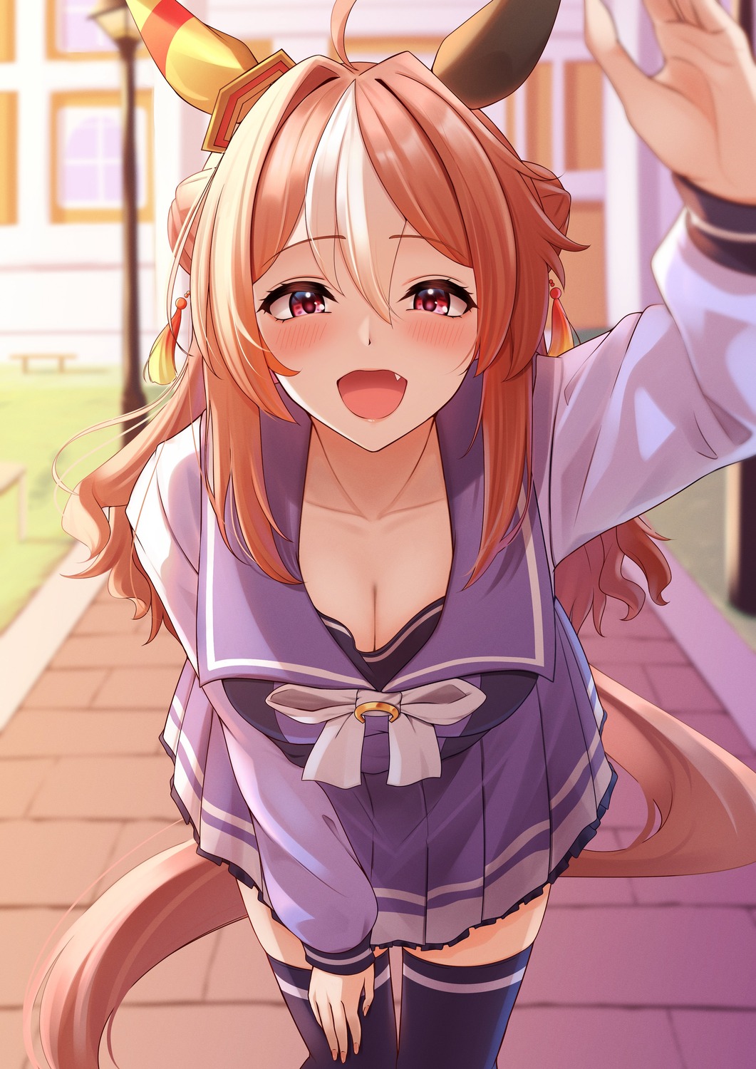 animal_ears, arugou, cleavage, copano_rickey_(umamusume), seifuku, tail, thighhighs, uma_musume_pretty_derby