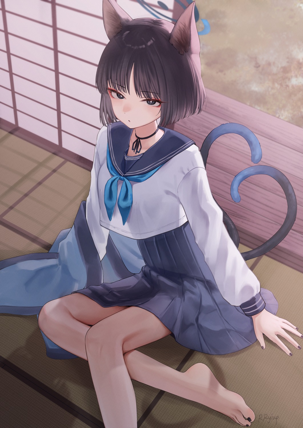 animal_ears, blue_archive, halo, kiryuu_kikyou, nekomimi, rryiup, seifuku, tail