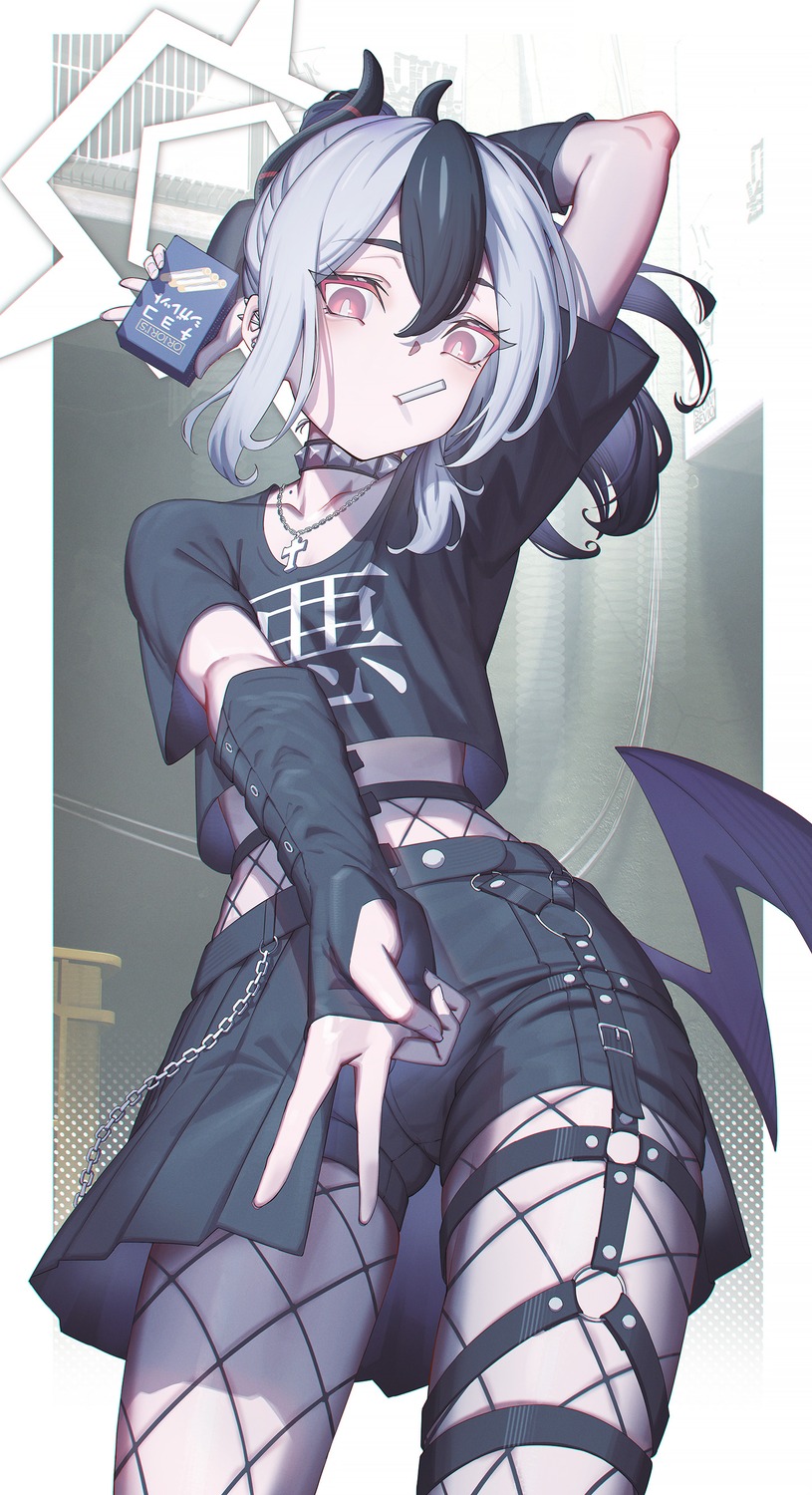 blue_archive, devil, fishnets, garter, halo, hironii_(hirofactory), horns, onikata_kayoko, pantyhose, wings