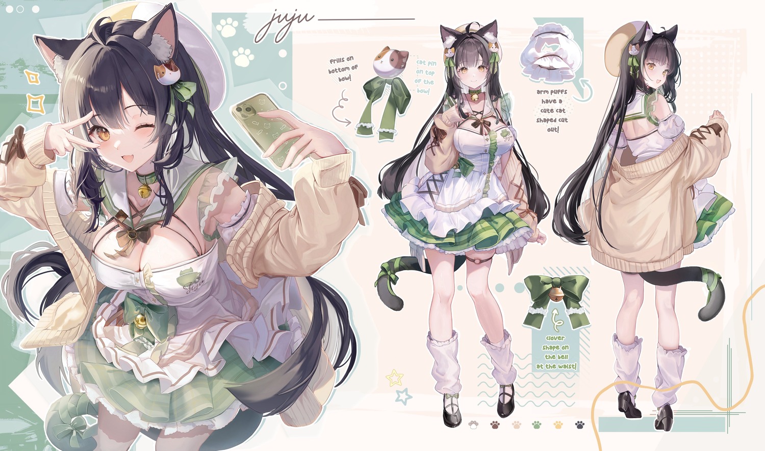 animal_ears, character_design, garter, kagefumi, nekomimi, selfie, sweater, tail