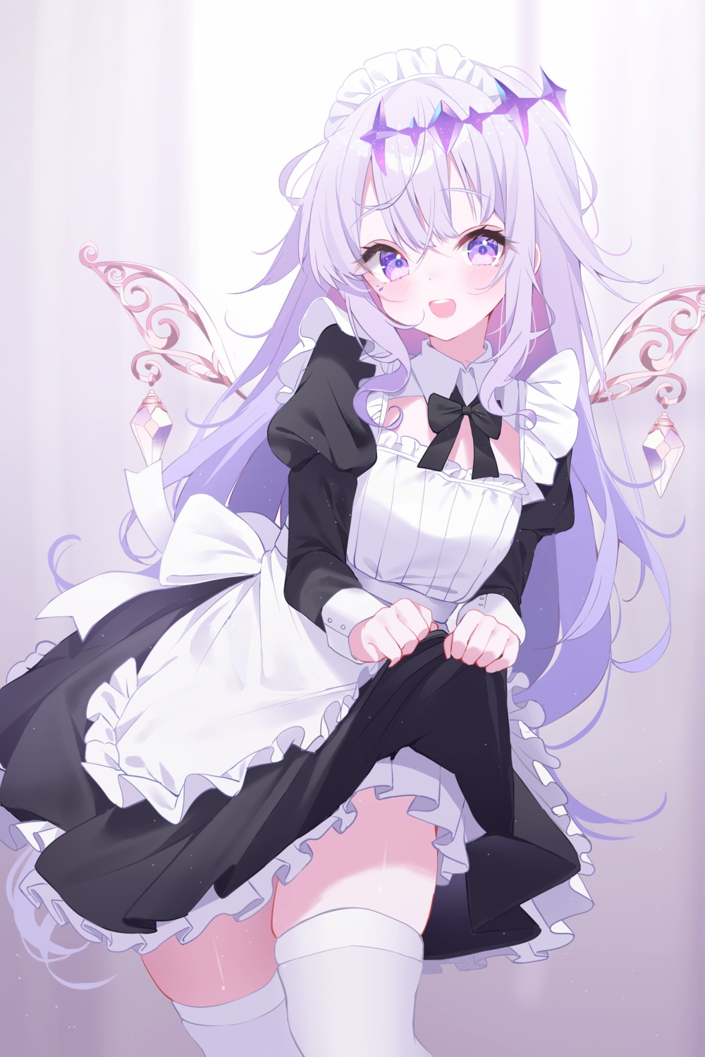deyui, dress, hololive, hololive_english, koseki_bijou, maid, skirt_lift, thighhighs, wings