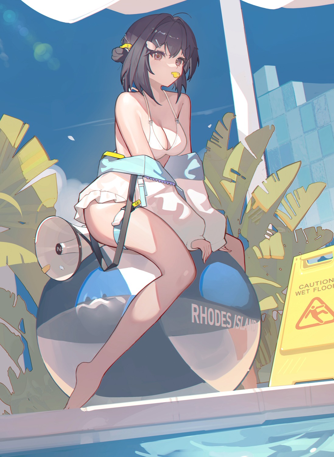 arknights, bikini_top, cyanide-whale, garter, la_pluma_(arknights), open_shirt, swimsuits