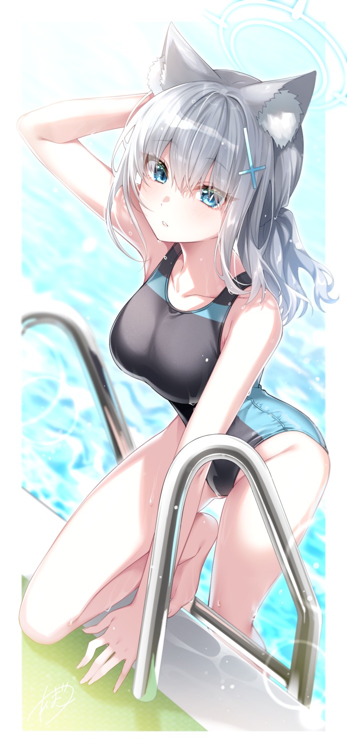 amatsuji, animal_ears, blue_archive, halo, nekomimi, sunaookami_shiroko, swimsuits, wet