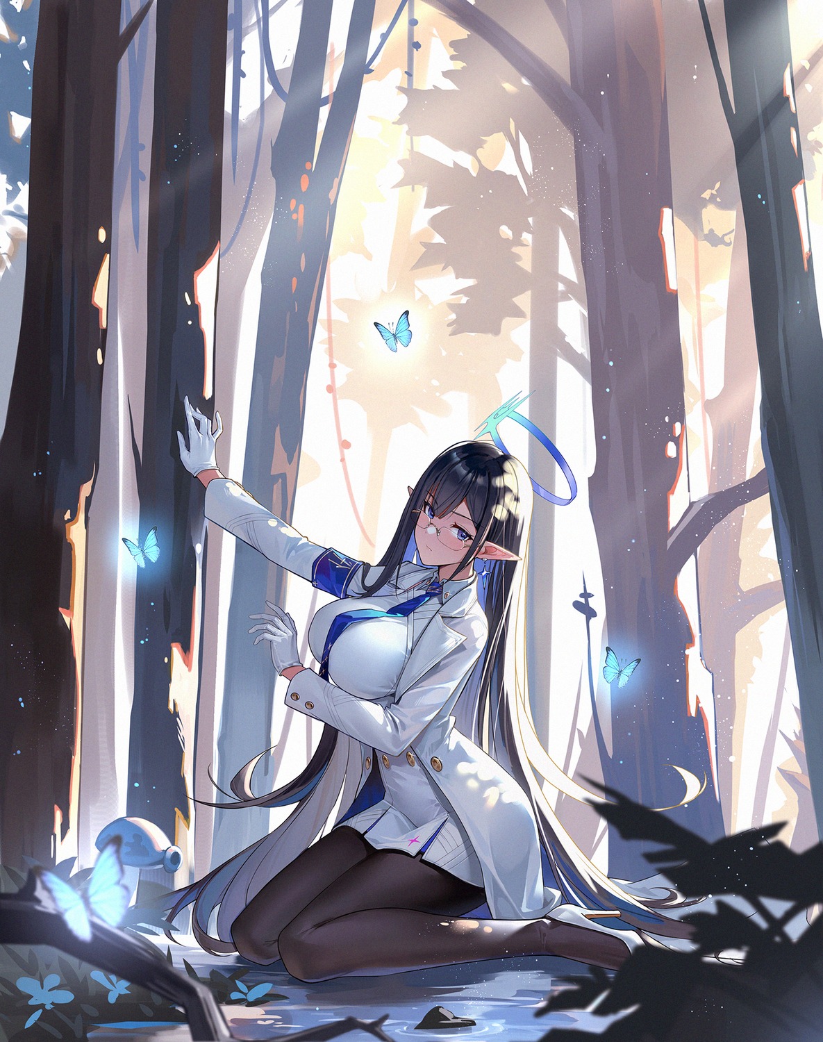 blue_archive, halo, heels, megane, nanagami_rin, pantyhose, pointy_ears, uniform, yin_lan_xue