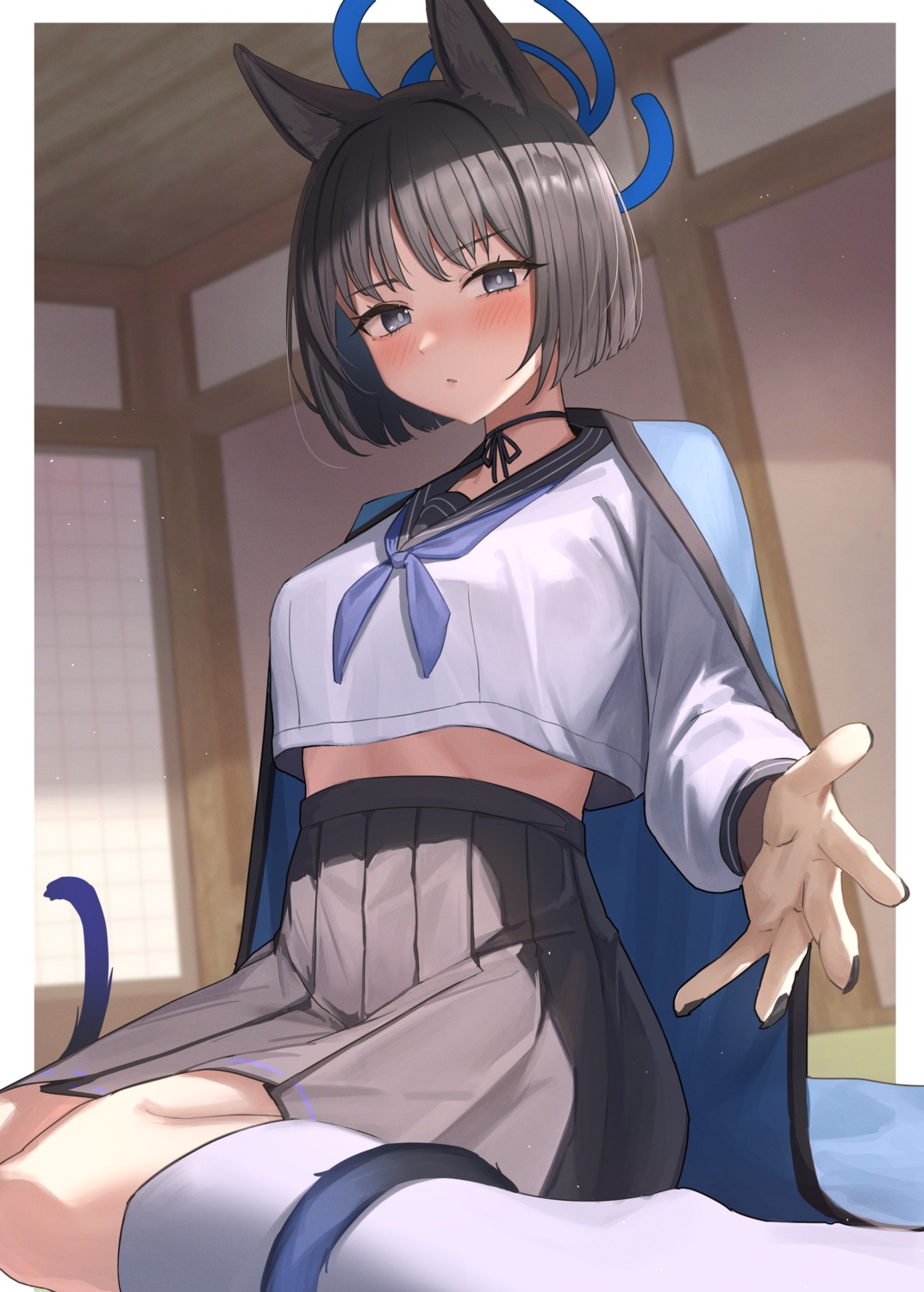 animal_ears, blue_archive, halo, japanese_clothes, kiryuu_kikyou, nekomimi, seifuku, tail, watashinabe