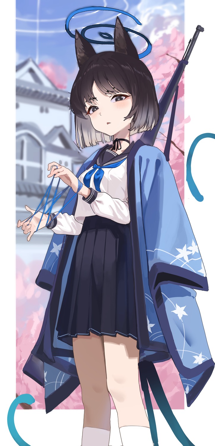 animal_ears, blue_archive, gubbi_on, gun, halo, japanese_clothes, kiryuu_kikyou, nekomimi