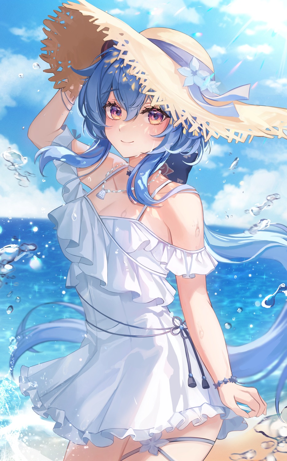 cleavage, dress, ganyu, garter, genshin_impact, horns, summer_dress, youwon0417