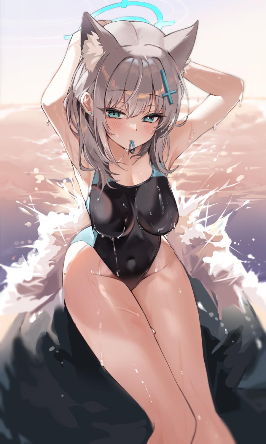 animal_ears, blue_archive, hailiu, halo, nekomimi, sunaookami_shiroko, swimsuits, wet