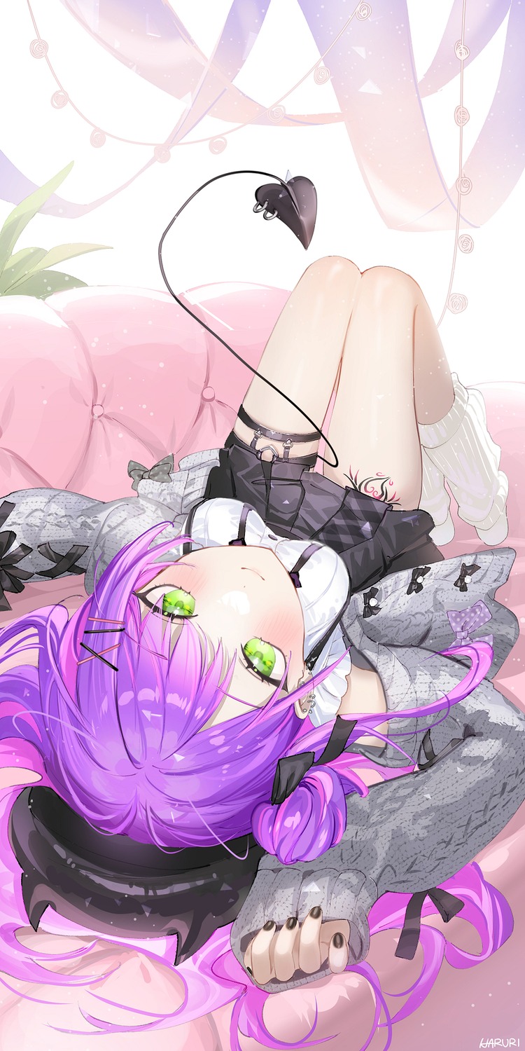 garter, haruri, hololive, sweater, tail, tattoo, tokoyami_towa