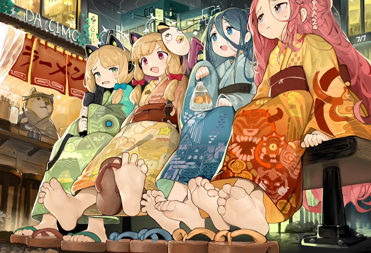 animal_ears, blue_archive, feet, gun, halo, hanaoka_yuzu, headphones, menthako, nekomimi, saiba_midori, saiba_momoi, tendou_aris, yukata