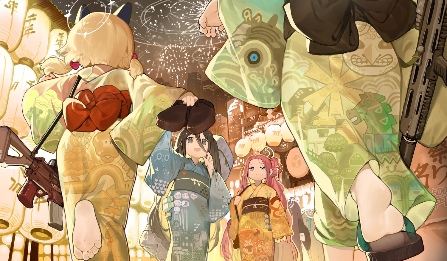 animal_ears, ass, blue_archive, gun, halo, hanaoka_yuzu, menthako, nekomimi, saiba_midori, saiba_momoi, tendou_aris, yukata