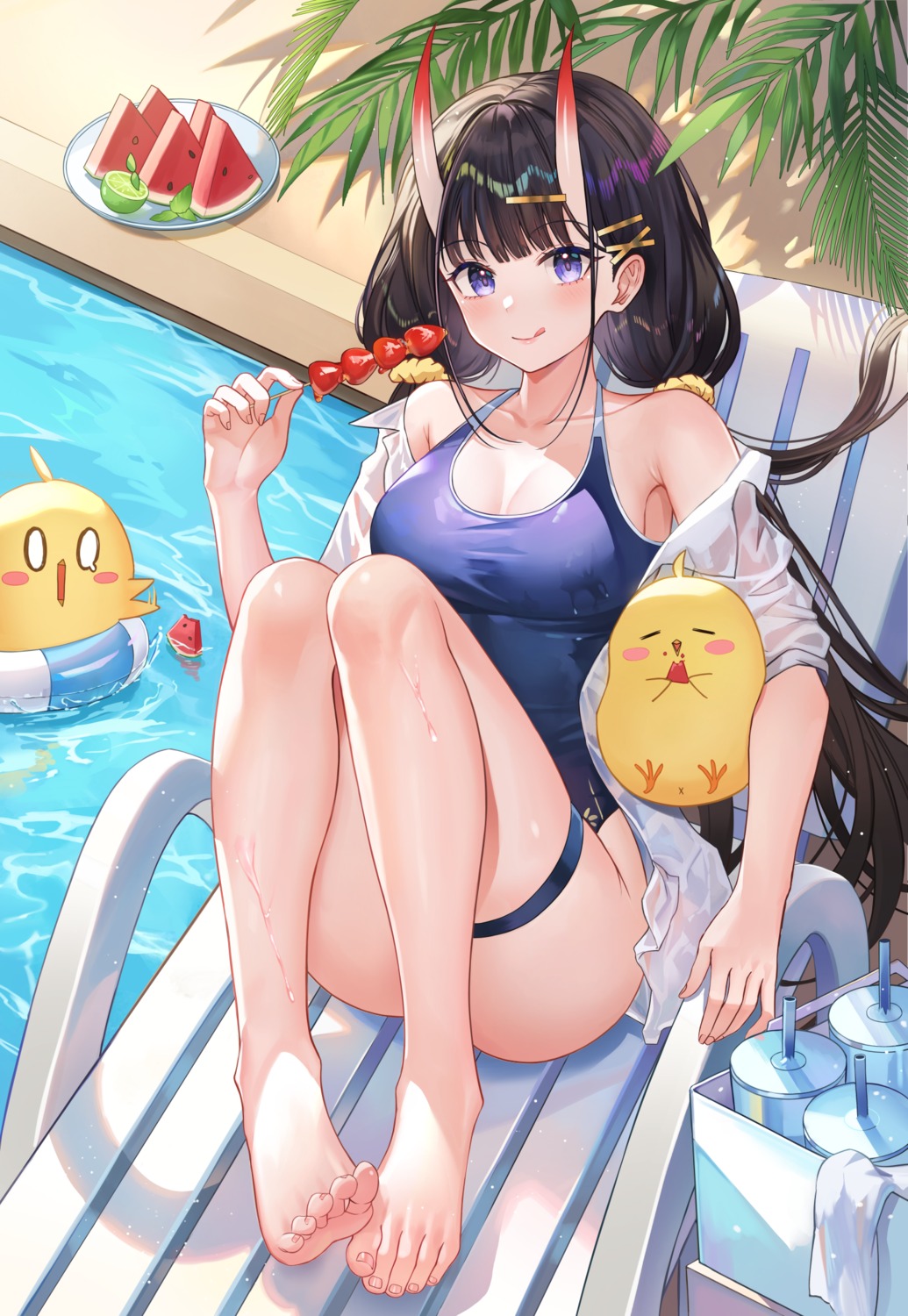 azur_lane, cleavage, dress_shirt, feet, garter, horns, iino_(isnyong), manjuu_(azur_lane), noshiro_(azur_lane), see_through, swimsuits