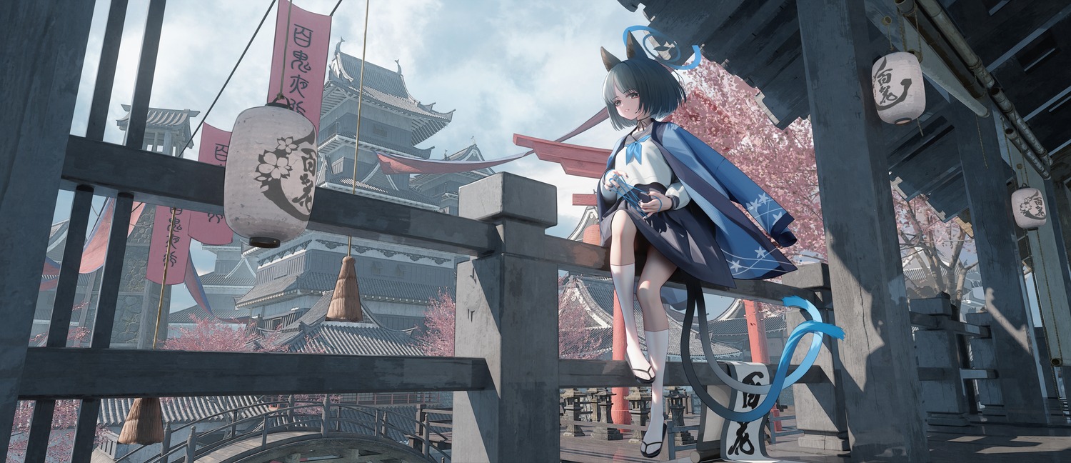 animal_ears, blue_archive, halo, japanese_clothes, kiryuu_kikyou, mr_ito, nekomimi, seifuku