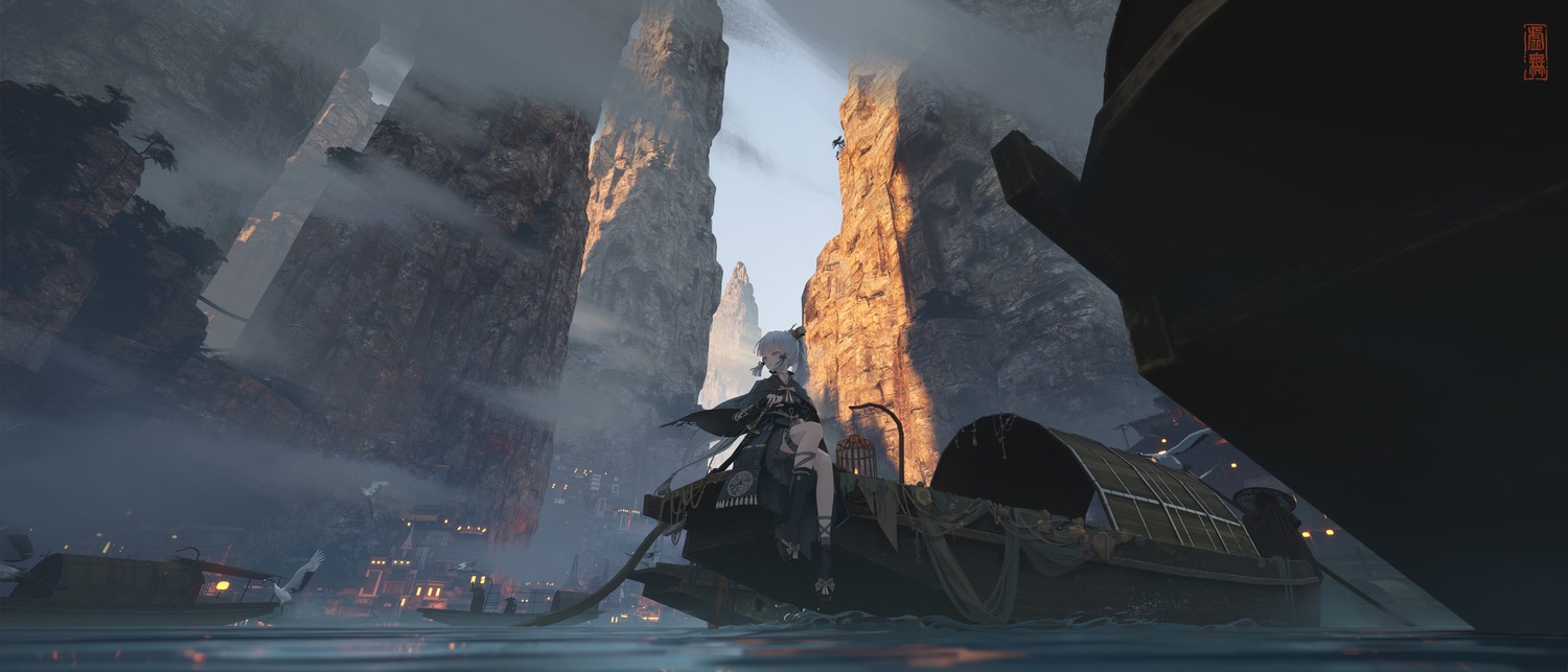 armor, garter, genshin_impact, japanese_clothes, kamisato_ayaka, landscape, sword, void_0