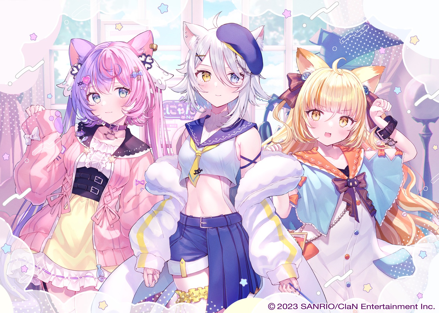 animal_ears, dress, garter, heterochromia, nekomimi, nyamafuji_anzu, nyamamugi_tart, nyamashiro_soda, nyantasia!, reekaruru, seifuku, sweater, tail, weapon