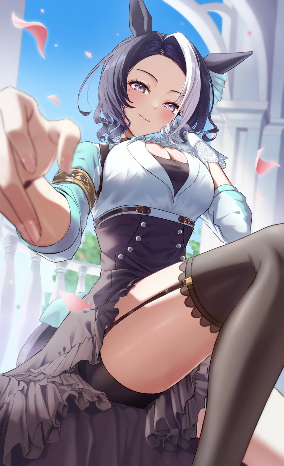 animal_ears, cleavage, kinoyama_(0202), mejiro_ramonu_(umamusume), stockings, tail, thighhighs, uma_musume_pretty_derby, uniform