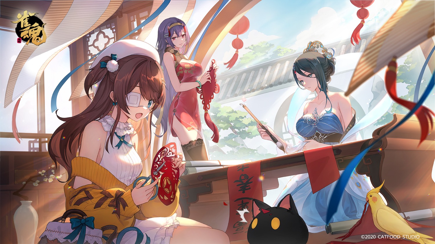 chinadress, eyepatch, majsoul, nikaidou_miki, no_bra, qing_luan, shine_cheese, shinomiya_fuyumi