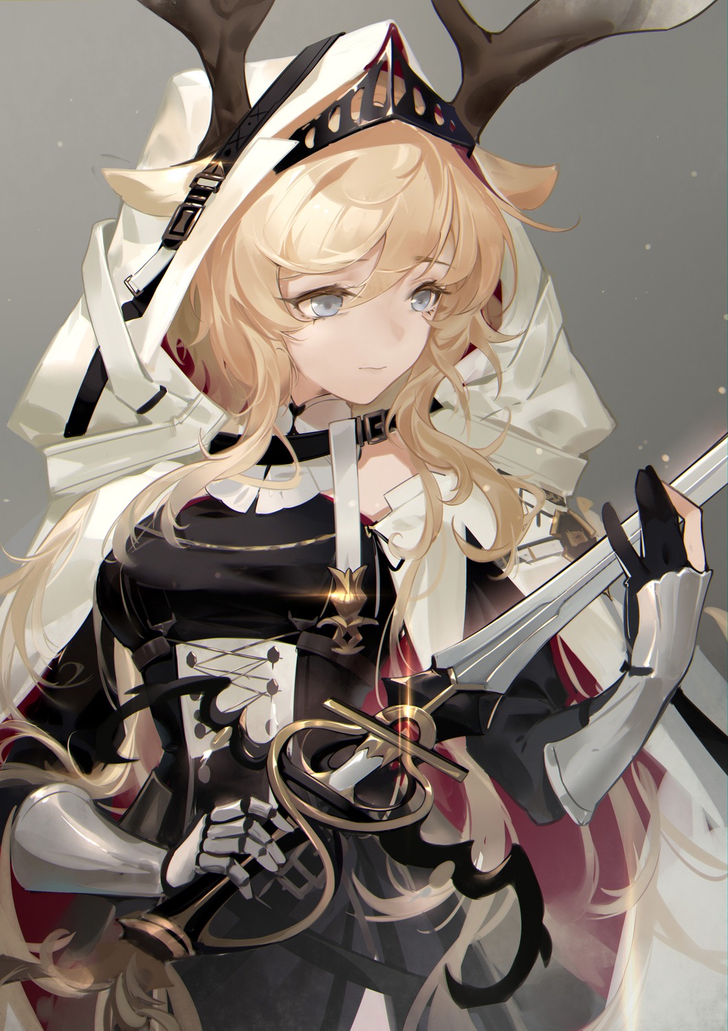 animal_ears, arknights, armor, dress, horns, sword, viviana_droste, woodylixx