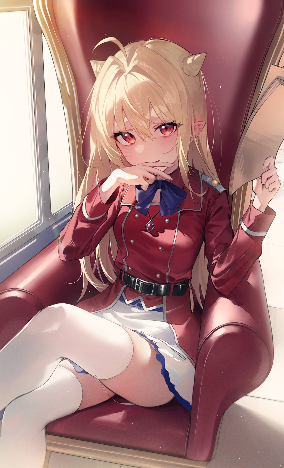 hikikomari_kyuuketsuki_no_monmon, kerno, pointy_ears, skirt_lift, stockings, terakomari_gandesblood, thighhighs, uniform