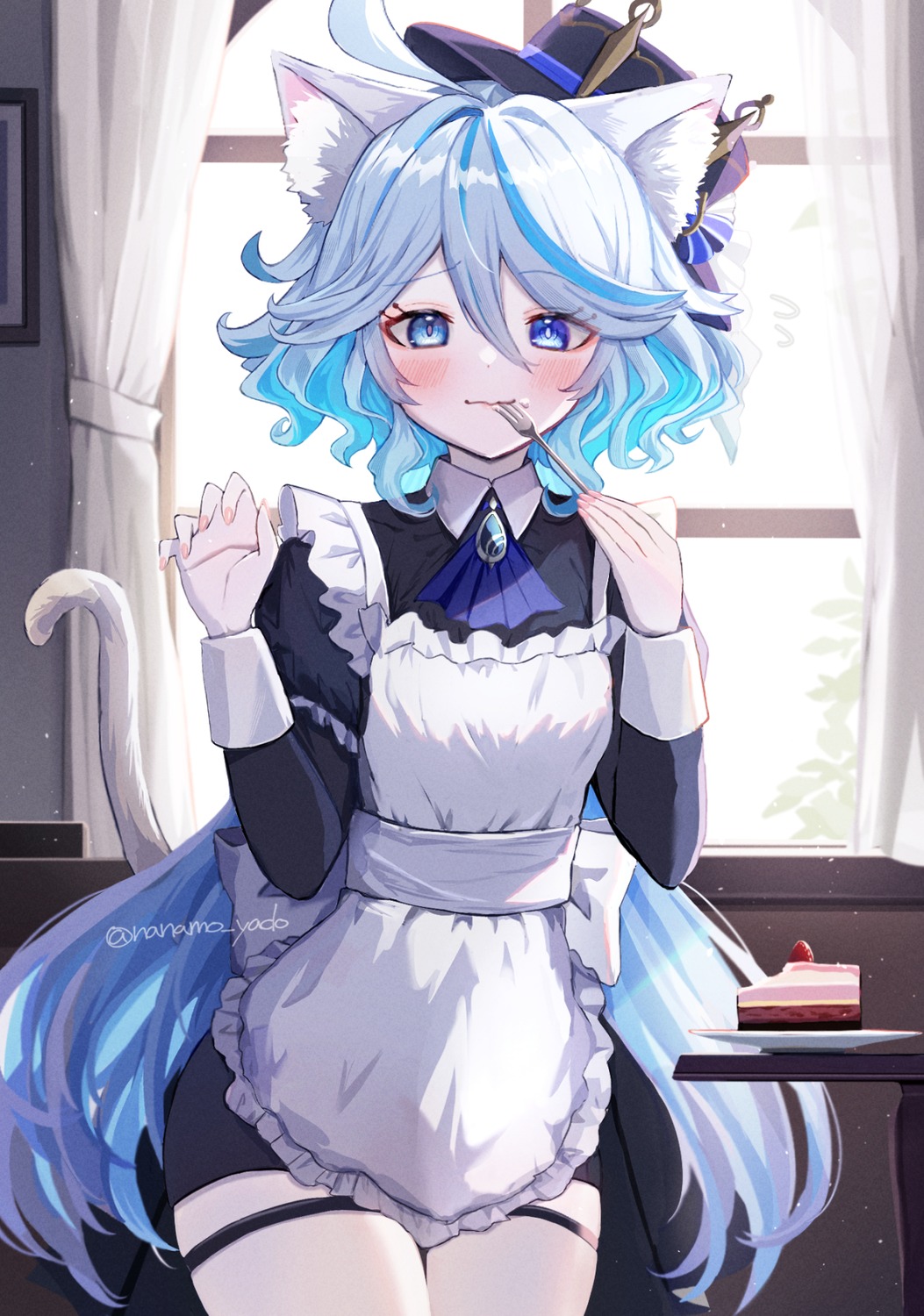 animal_ears, doyamona, furina, garter, genshin_impact, heterochromia, maid, nekomimi