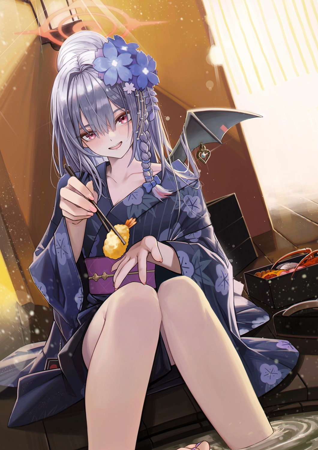anizi, blue_archive, devil, halo, kurodate_haruna, onsen, wet, wings