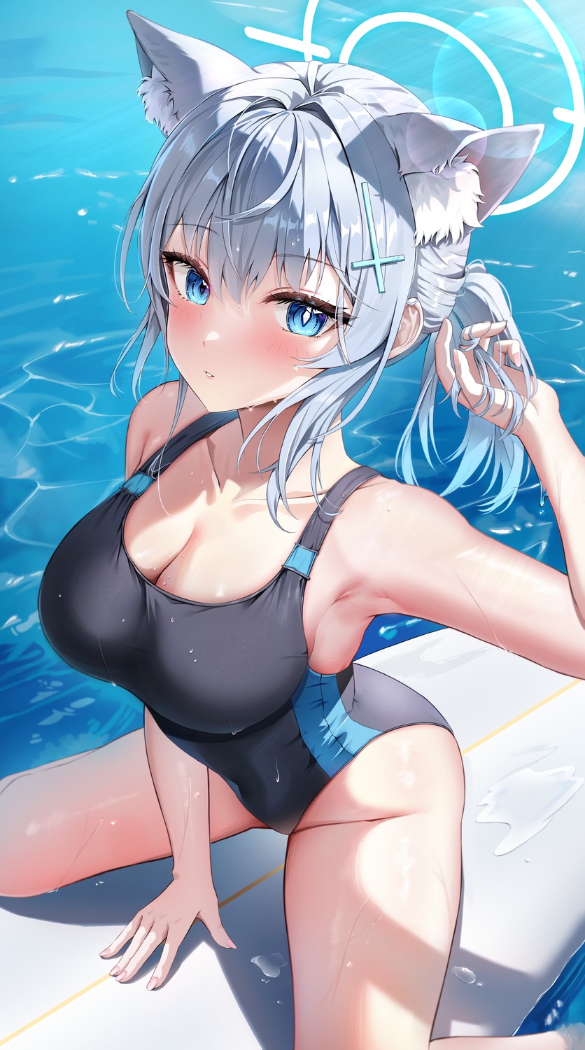 animal_ears, blue_archive, halo, li_se, nekomimi, sunaookami_shiroko, swimsuits, wet