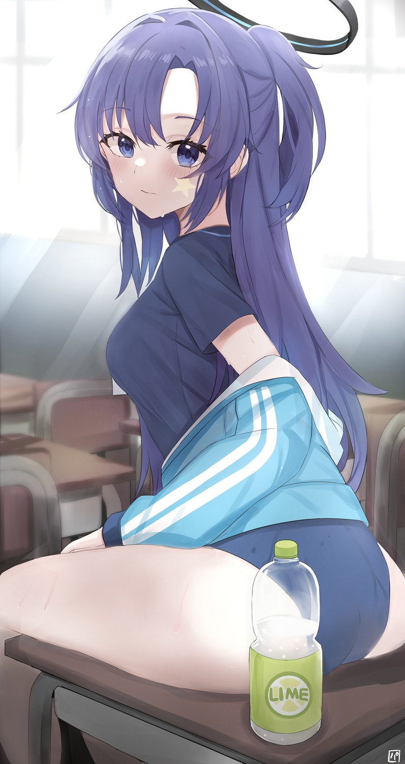 ass, blue_archive, buruma, gym_uniform, halo, hayase_yuuka, pineapple_(pine), tattoo