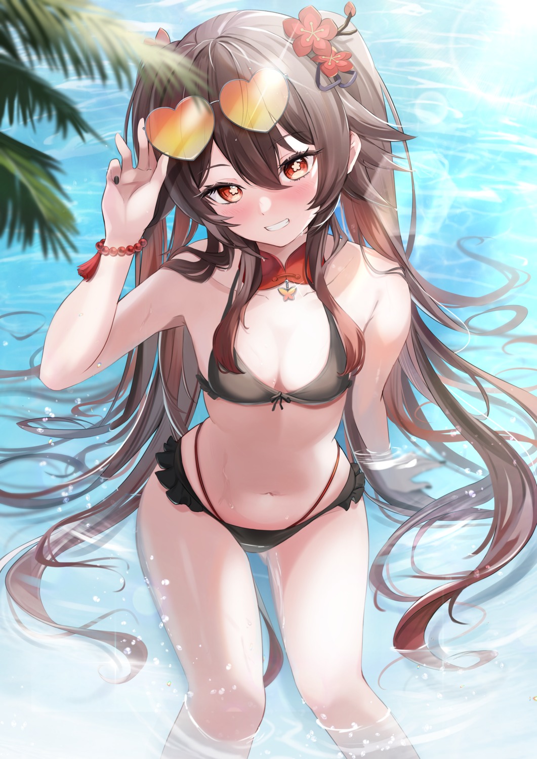 bikini, genshin_impact, hu_tao, megane, swimsuits, wet, yutoriko_(candy0905)