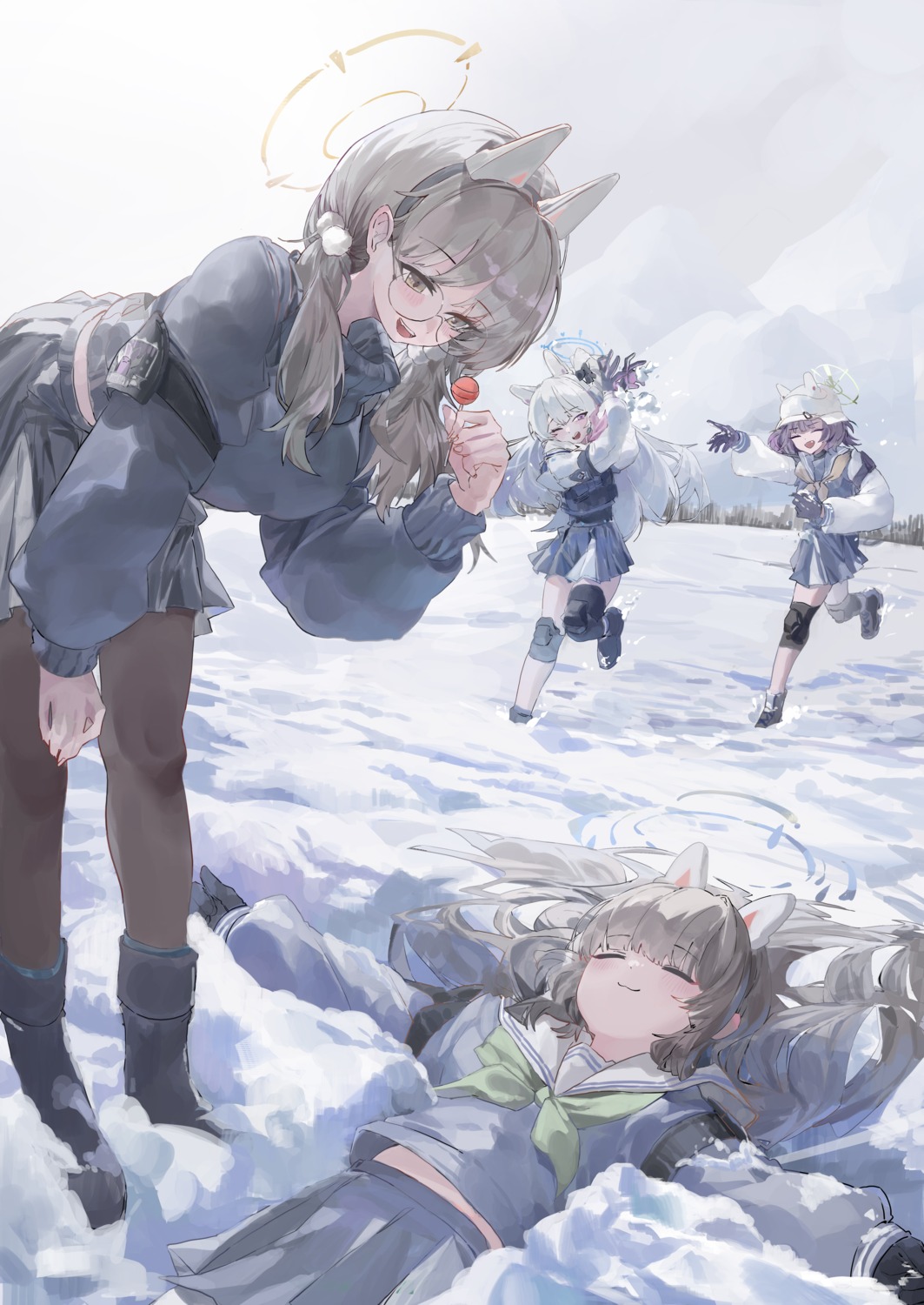 animal_ears, blue_archive, dainillust, halo, kasumizawa_miyu, kazekura_moe, megane, pantyhose, seifuku, sorai_saki, sweater, tsukiyuki_miyako