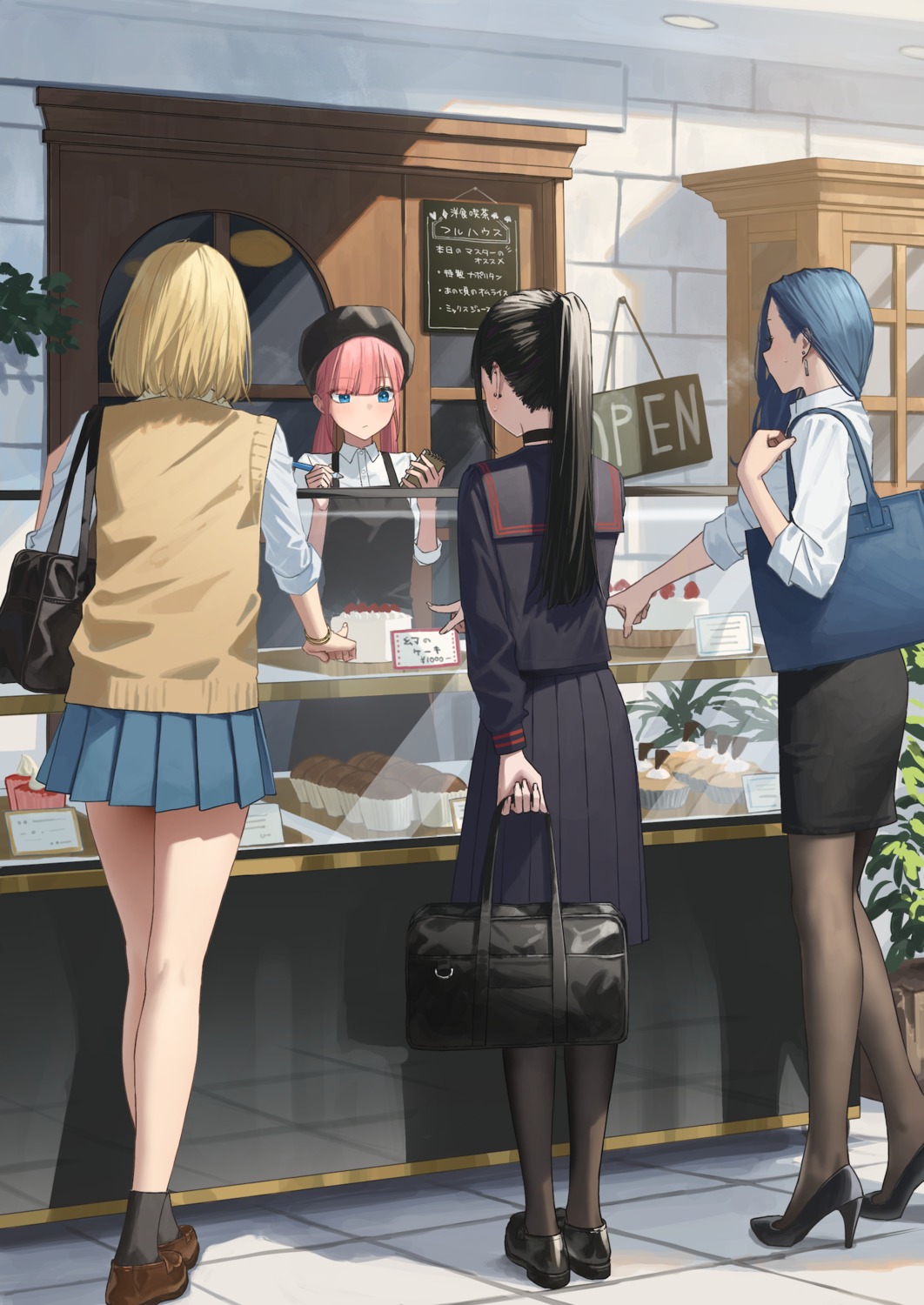 enokawa_kokoro, hara_kenshi, heels, kimishima_touka, kunitomi_ryouka, kuroba_mitsuha, pantyhose, seifuku