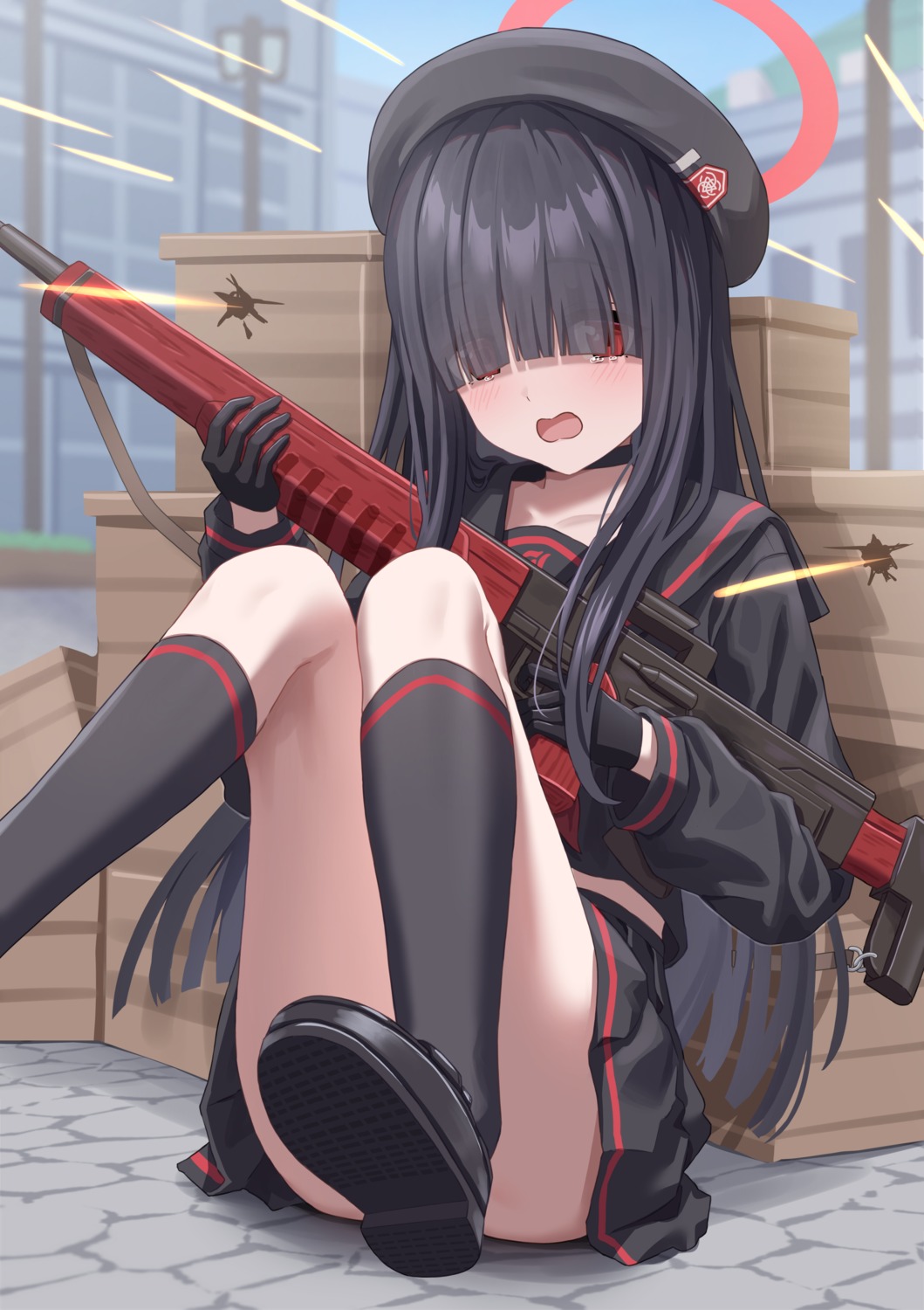 blue_archive, gun, halo, justice_realization_committee_member, seifuku, simoumi_217, skirt_lift