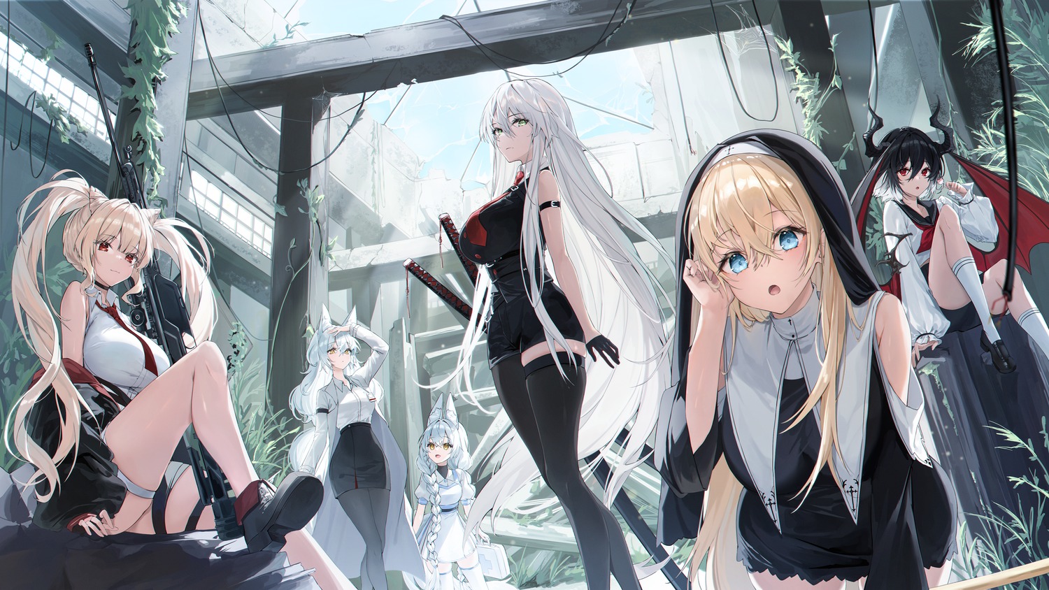 animal_ears, devil, garter, gun, horns, kuro_(rudyan0128), nun, pantyhose
