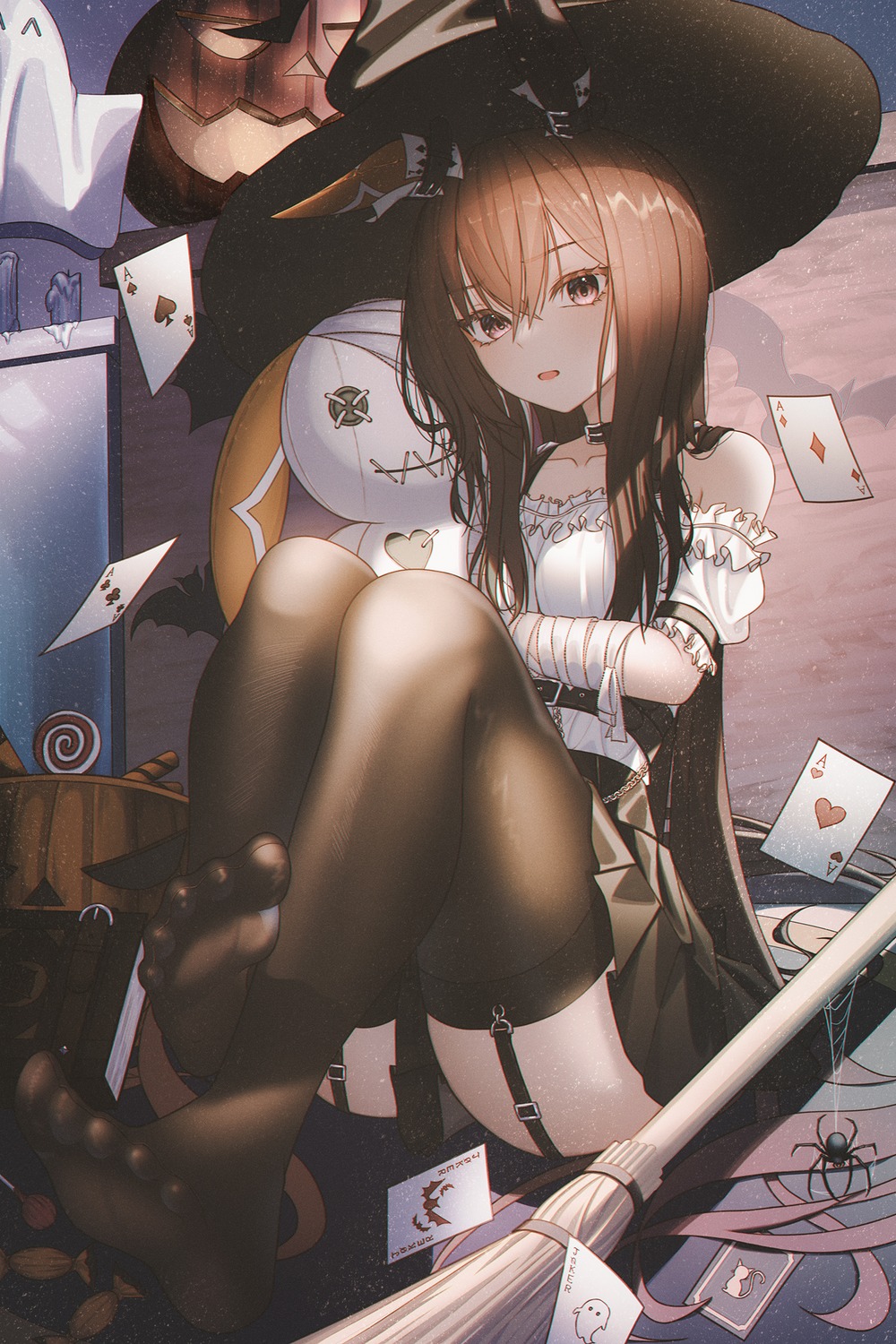 admire_vega_(umamusume), animal_ears, bandages, feet, halloween, rang_c, stockings, thighhighs, uma_musume_pretty_derby, witch