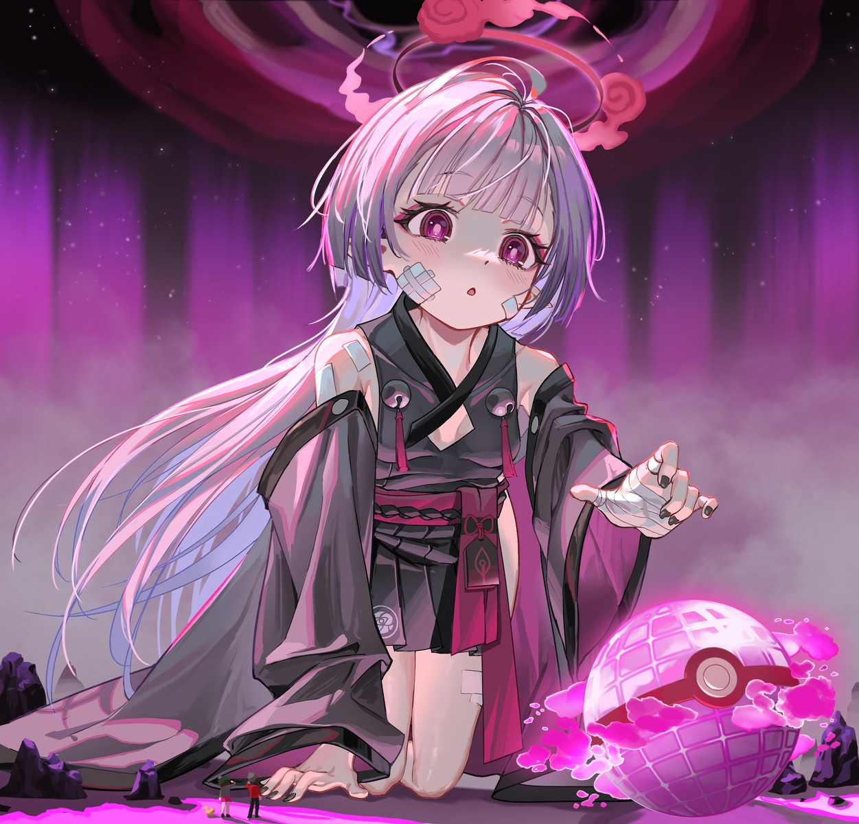 al_guang, bandages, bandaid, blue_archive, crossover, dress, halo, japanese_clothes, masaru_(pokemon), pointy_ears, pokemon, pokemon_swsh, yabuki_shuro, yuuri_(pokemon)