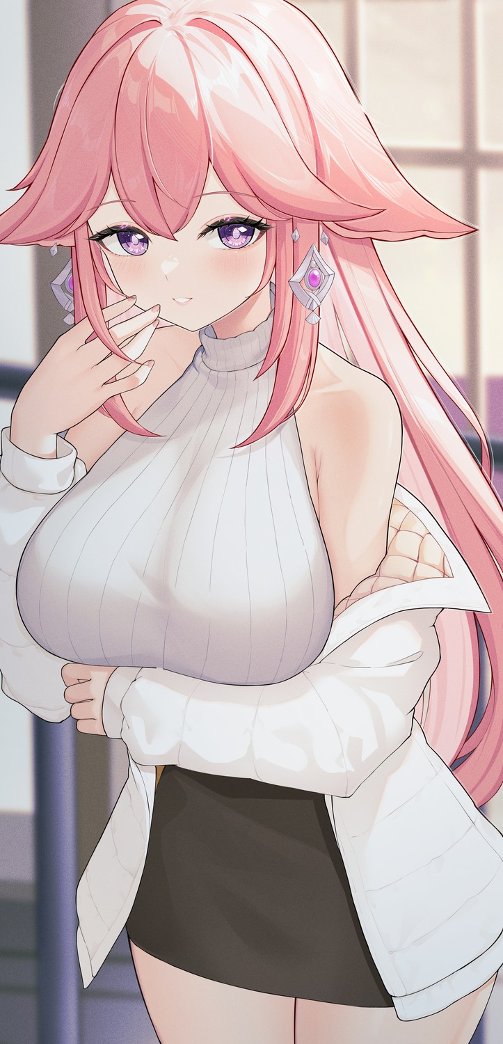 animal_ears, genshin_impact, kitsune, sweater, uka_(315302627), yae_miko